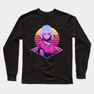 Retro Wave 80s Anime Girl – Anime Sticker Long Sleeve T-Shirt